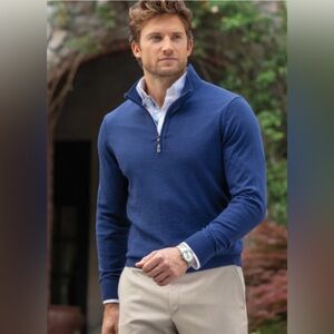 Toscano Merino Wool 1/4 Zip Sweater, Sz. L, Blue Heather w/ Gray Inside Collar